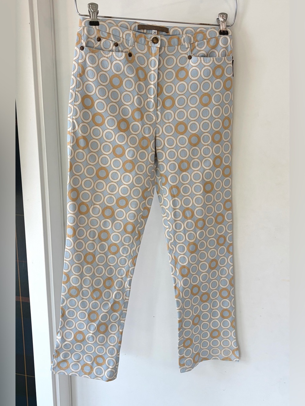 Valentino Jeans 5 pocket pants, lt blue, tan circles, cropped, hem slits, 26,GUC - Picture 3 of 13